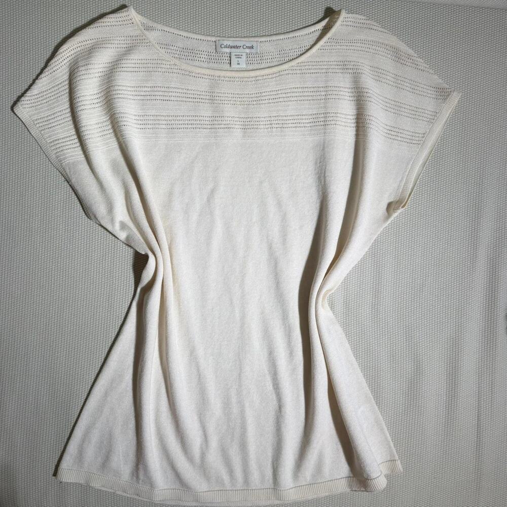 Silk Cotton Blend Coldwater Creek Knitted Short Sleeve Cream Blouse Sz L 14